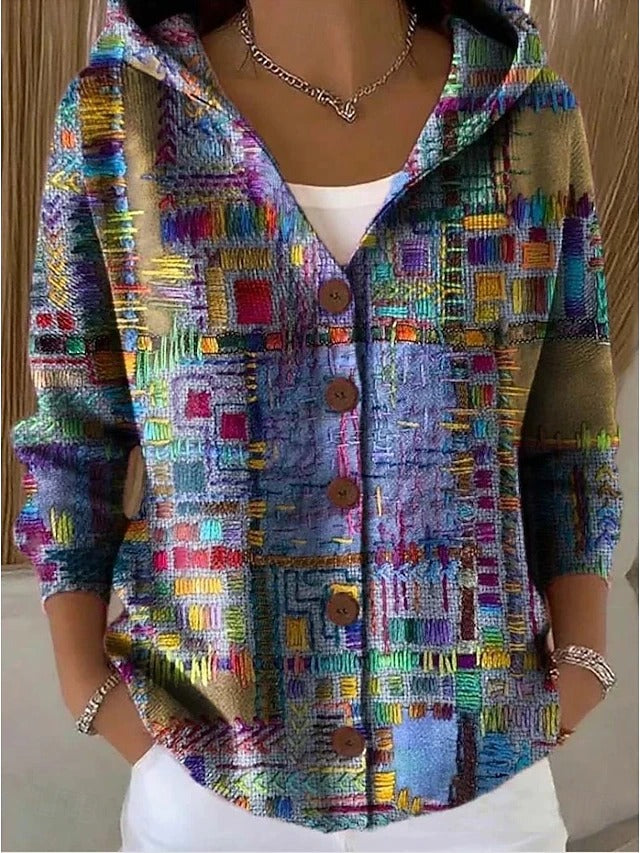 Abstract Print Hooded Button Front Long Sleeve Shirt
