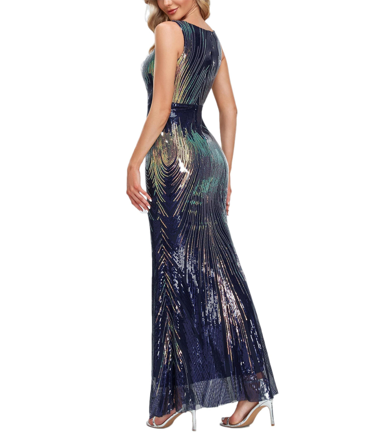 Sequin Round Neck Sleeveless Mermaid Evening Gown - View 9