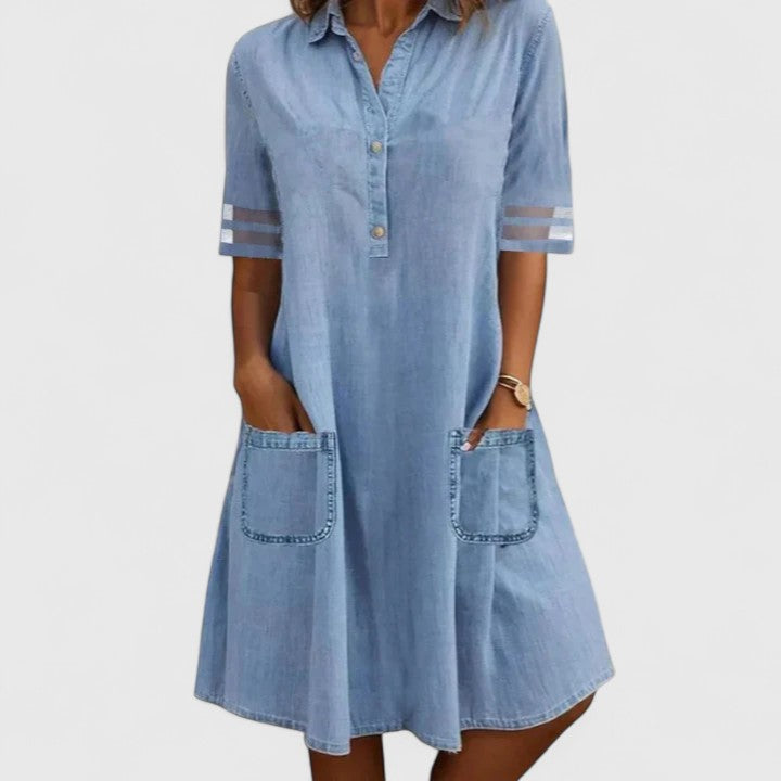 Chambray Collared Button Front Short Sleeve Pocket Shirt Dress