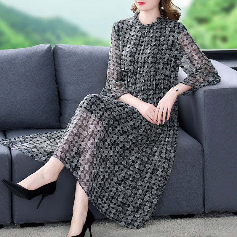 Chiffon Geometric Circle Print Tiered Ruffle Mock Neck Midi Dress - View 3