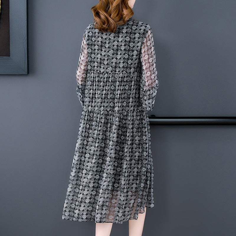 Chiffon Geometric Circle Print Tiered Ruffle Mock Neck Midi Dress - View 2