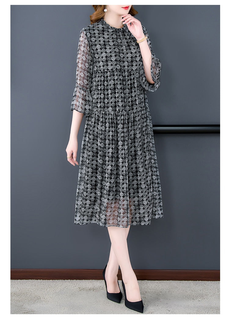 Chiffon Geometric Circle Print Tiered Ruffle Mock Neck Midi Dress - View 4