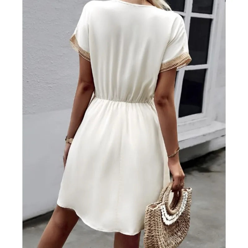 Fresh Sweet Solid Short Lace VNeck Waist Panel Skirt Midi Dresses - View 2