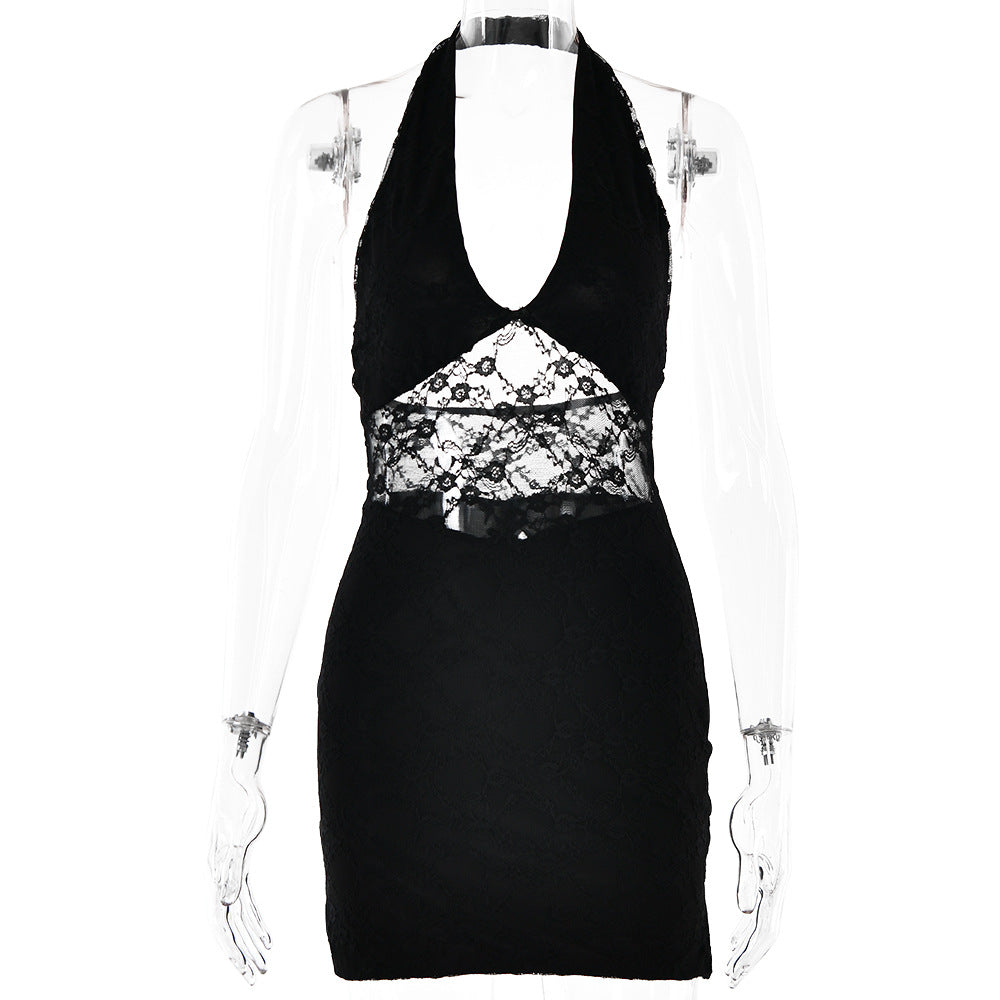 Dress Trend V neck Halter Lace Stitched Backless Dress - View 6