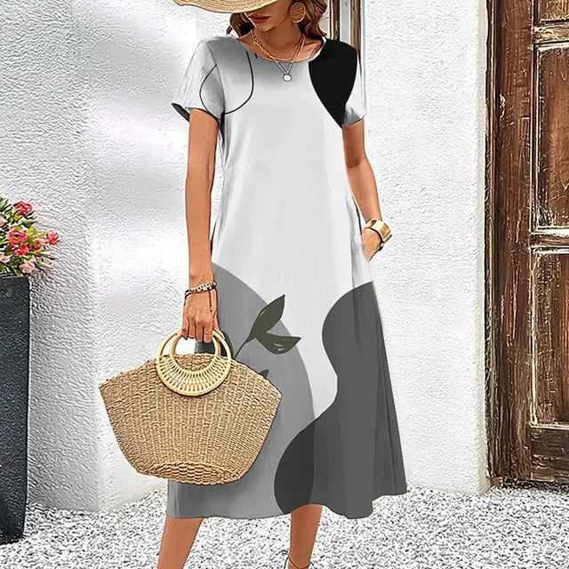 Abstract Print Round Neck Short Sleeve Pocket A-Line Midi Dress - View 4