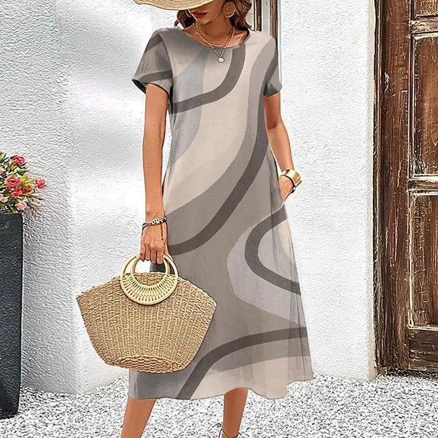 Abstract Print Round Neck Short Sleeve Pocket A-Line Midi Dress - View 3