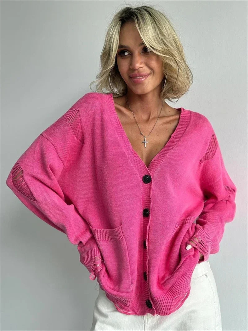 Ragged Button Up Oversized Cardigan Rose Red / S