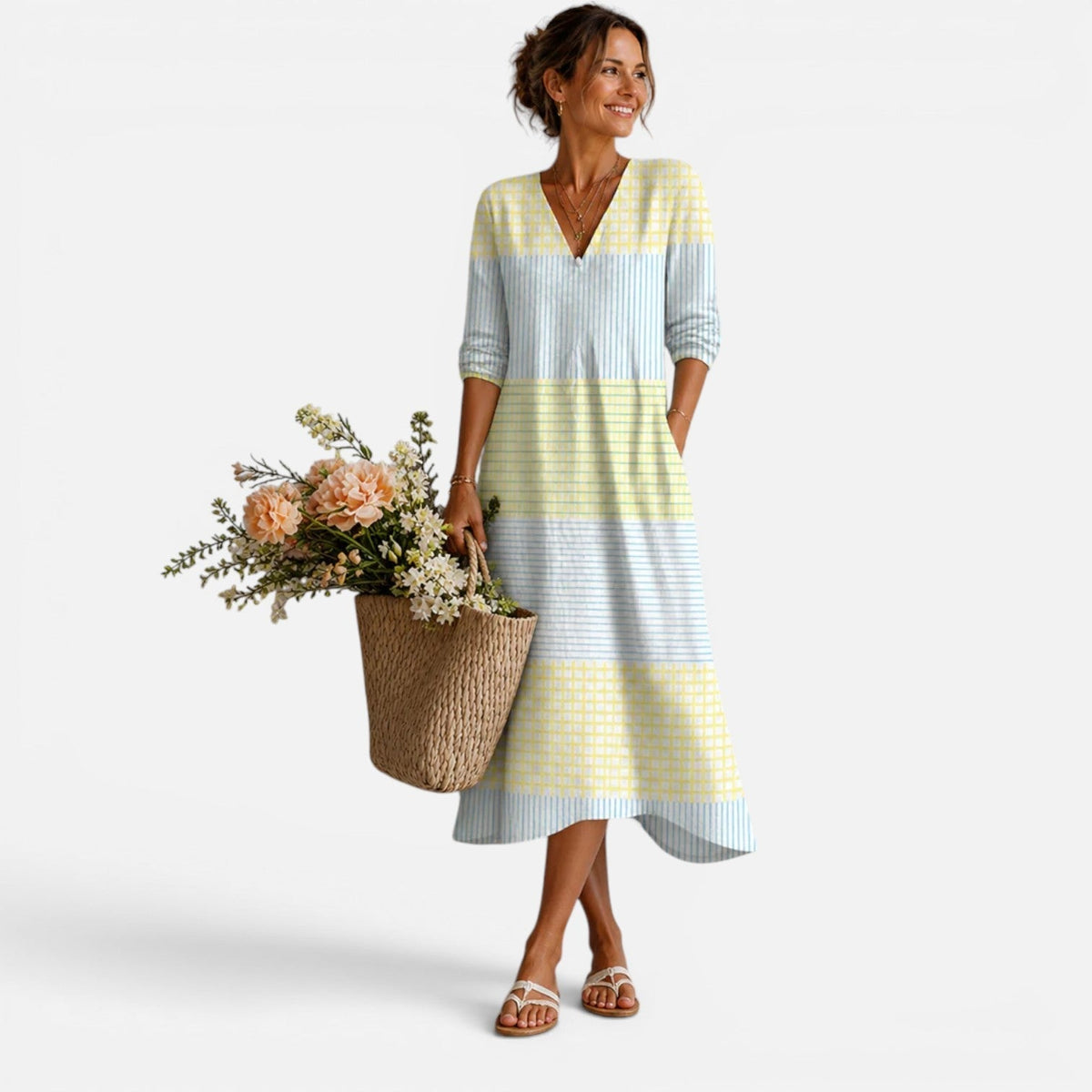 Gingham Check V-Neck Long Sleeve Tiered Midi Dress