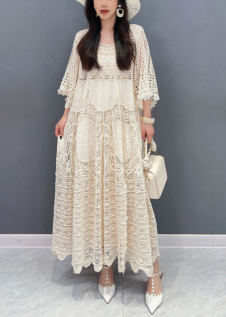 Crochet Lace Patchwork Hollow Out Bell Sleeve Tiered Maxi Dress - View 3