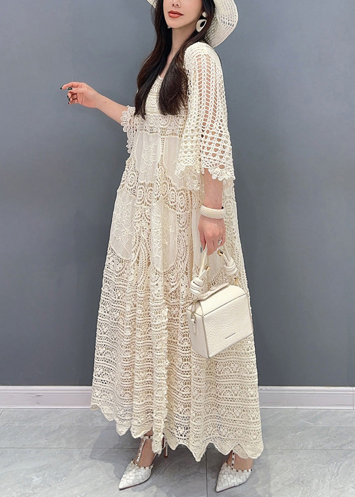 Crochet Lace Patchwork Hollow Out Bell Sleeve Tiered Maxi Dress - View 4