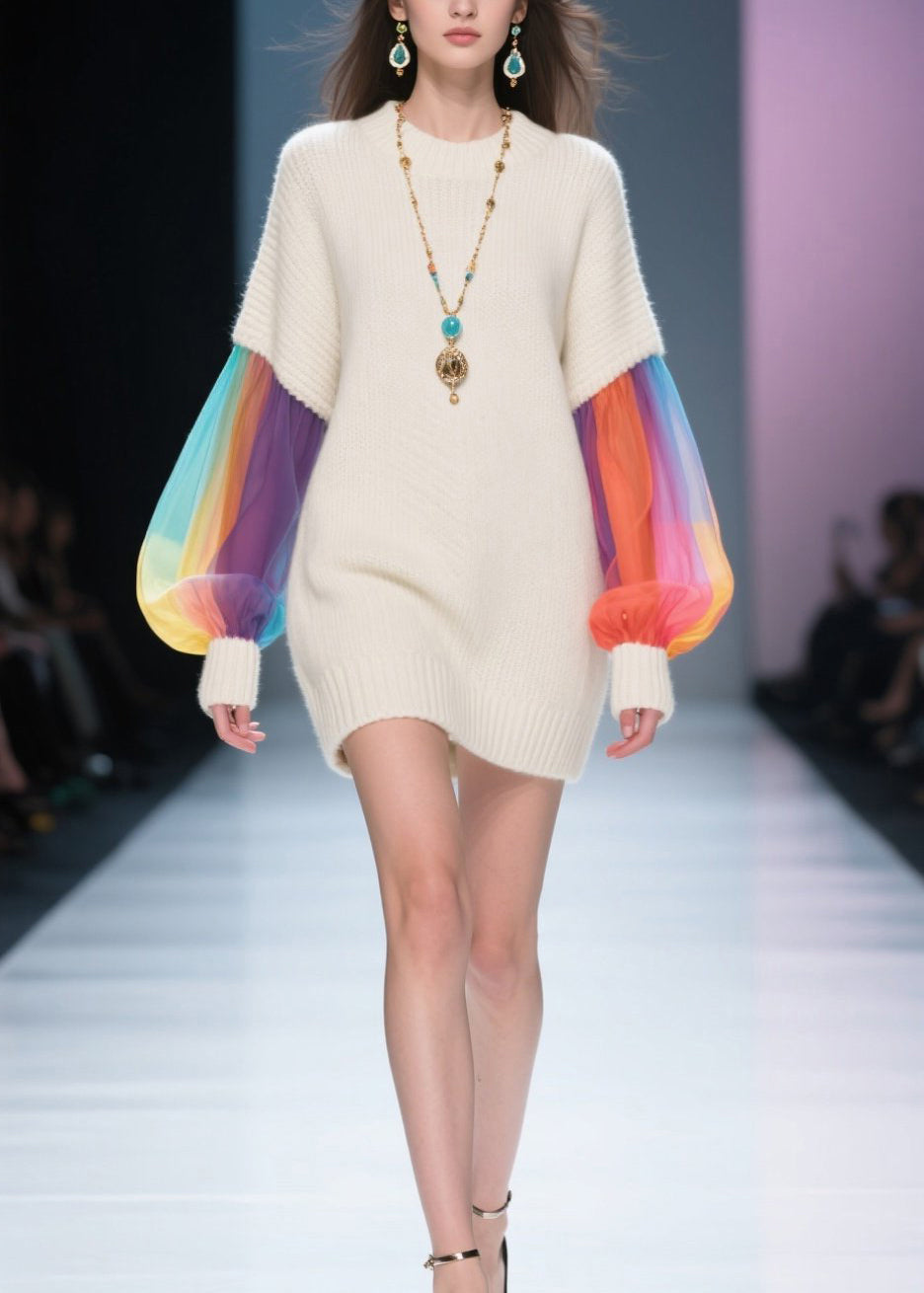 Knit Crew Neck Tulle Lantern Sleeve Ribbed Cuff Mini Sweater Dress - View 3