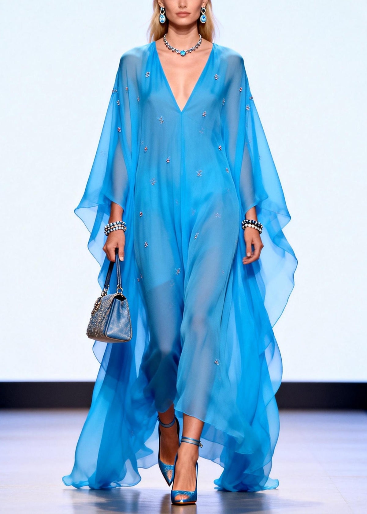 Deep V-Neck Batwing Sleeve Beaded Sheer Chiffon Kaftan Maxi Dress