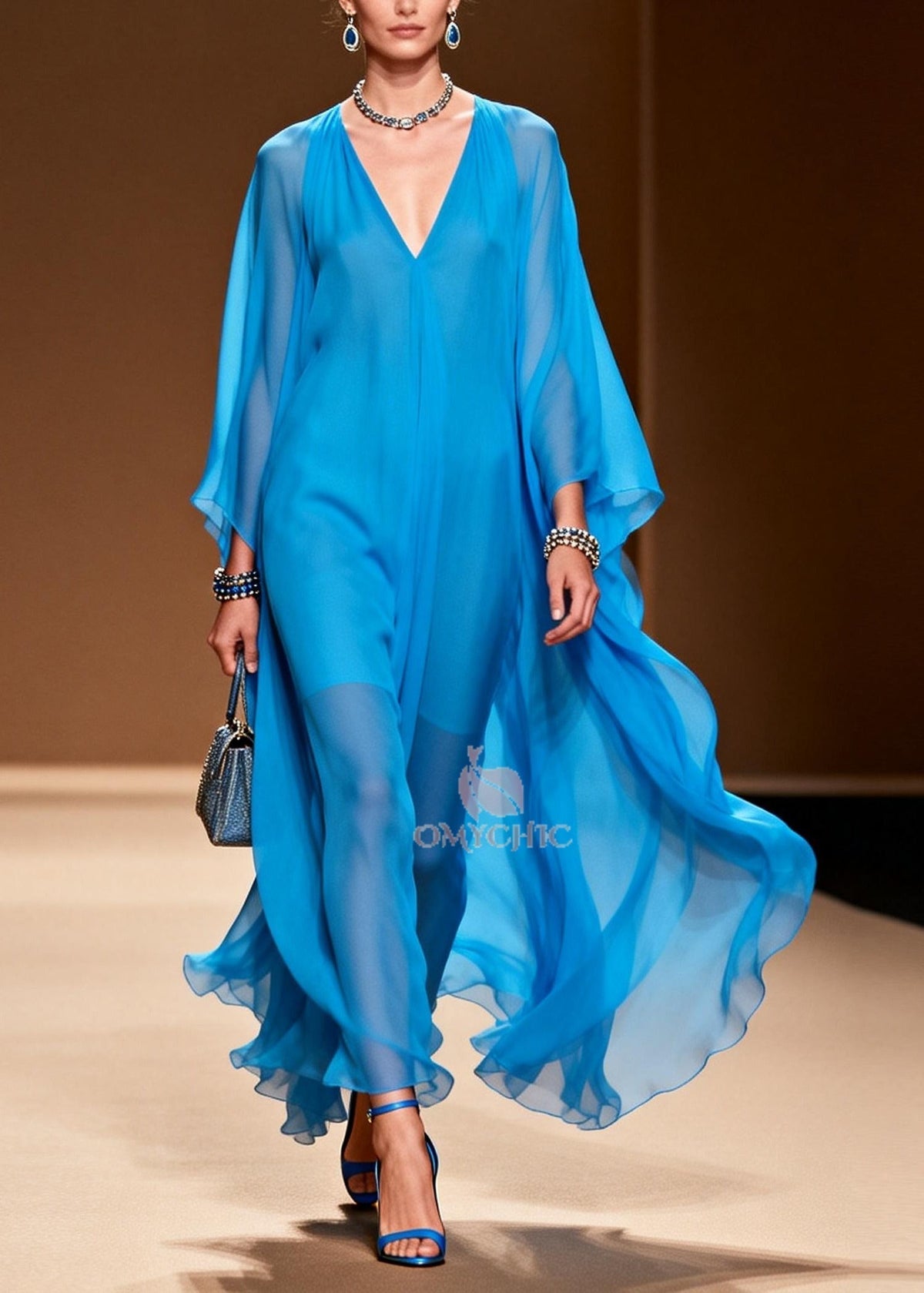 Style Blue Oversized Draping Chiffon Maxi Dress Summer - View 5