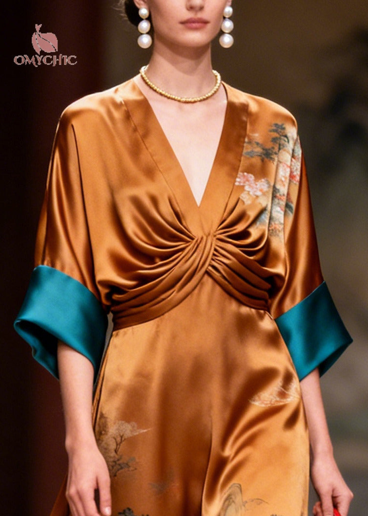 Satin Landscape Print Deep V-Neck Twist Front Maxi Gown - View 2