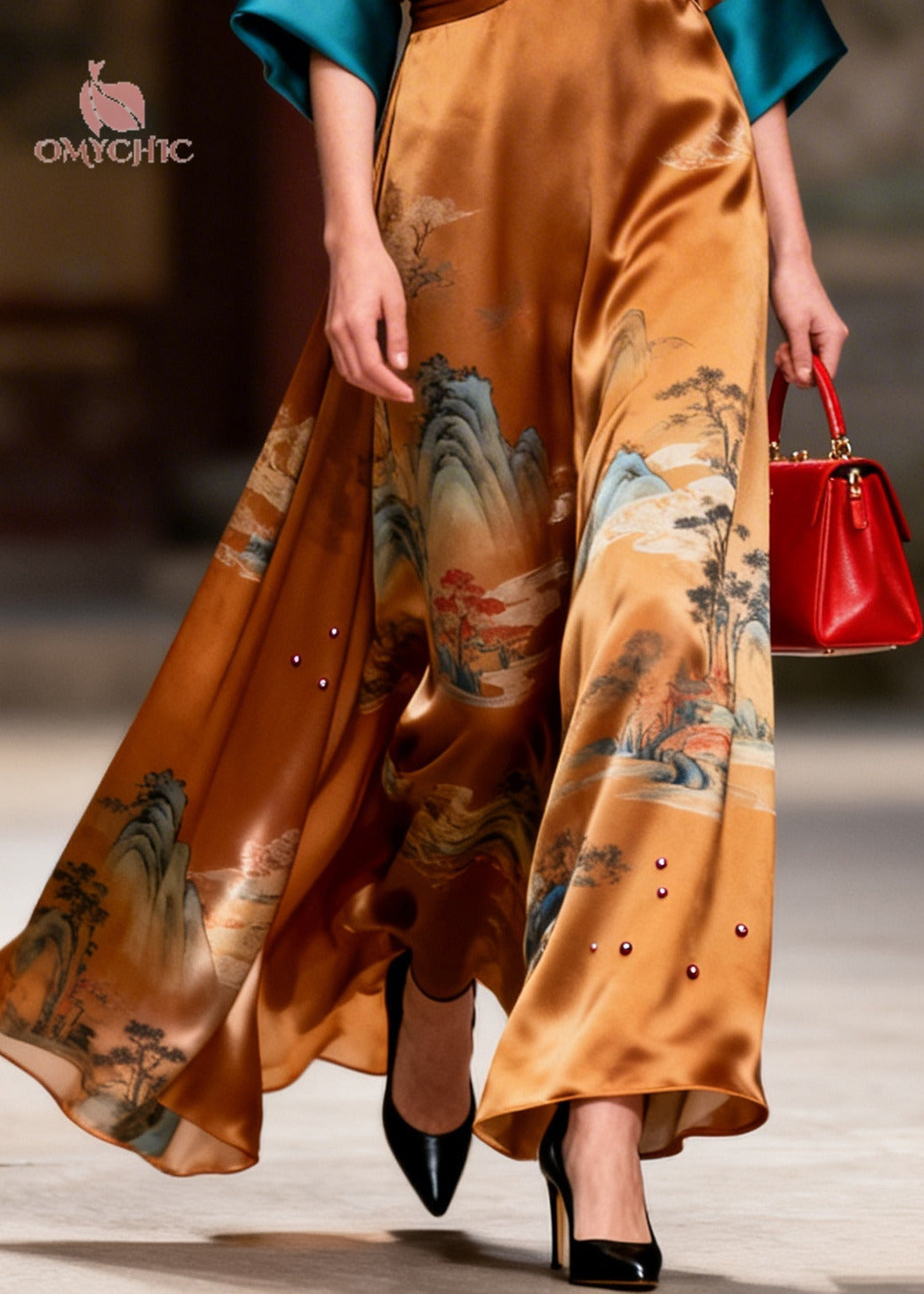 Satin Landscape Print Deep V-Neck Twist Front Maxi Gown - View 4
