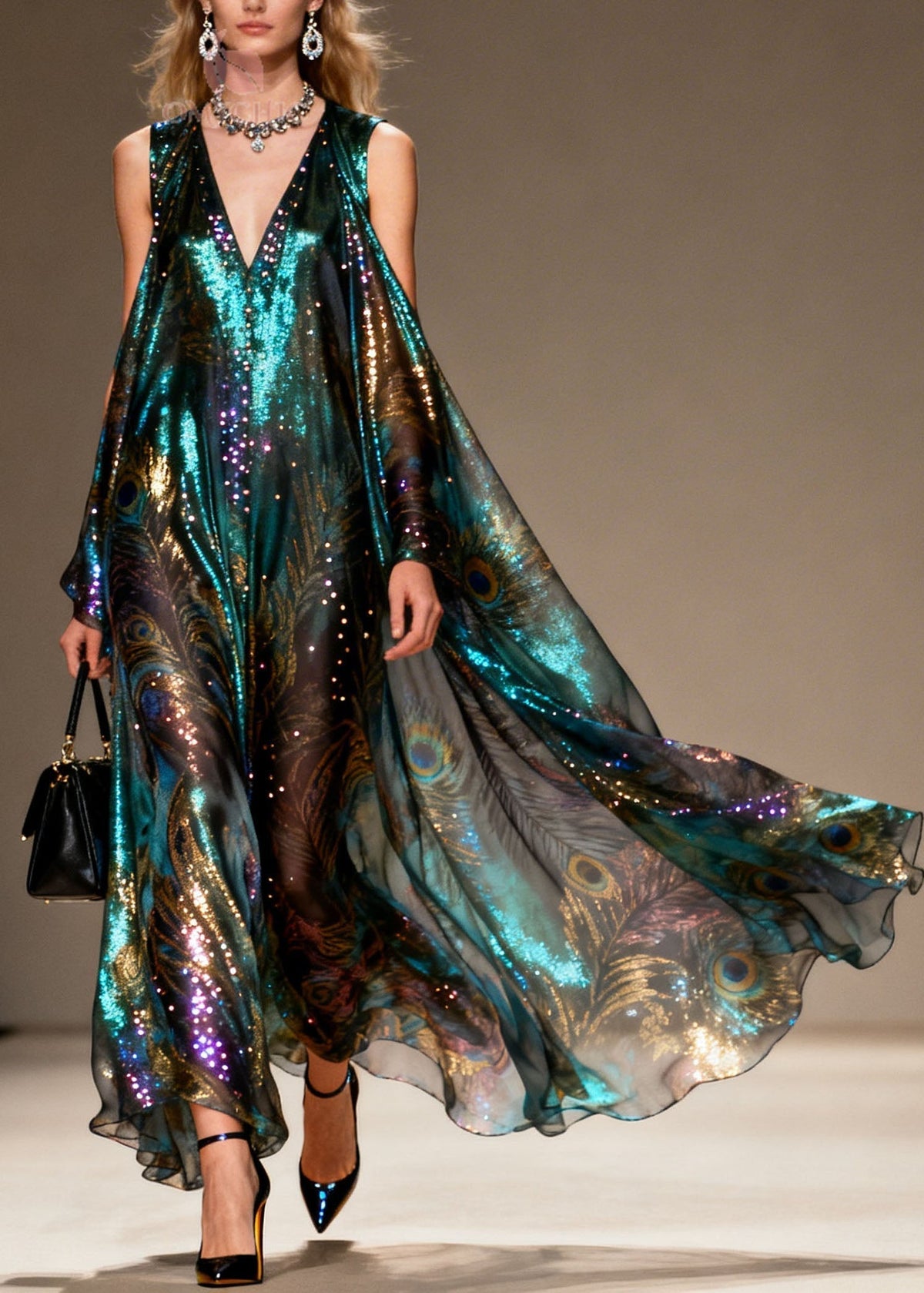 Style Cold Shoulder Print Zircon Chiffon Maxi Dresses Summer - View 3