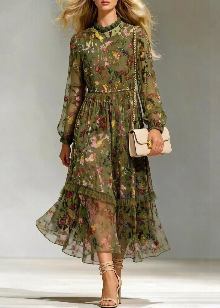 Floral Print High Neck Long Sleeve Tiered Ruffle Chiffon Midi Dress - View 5