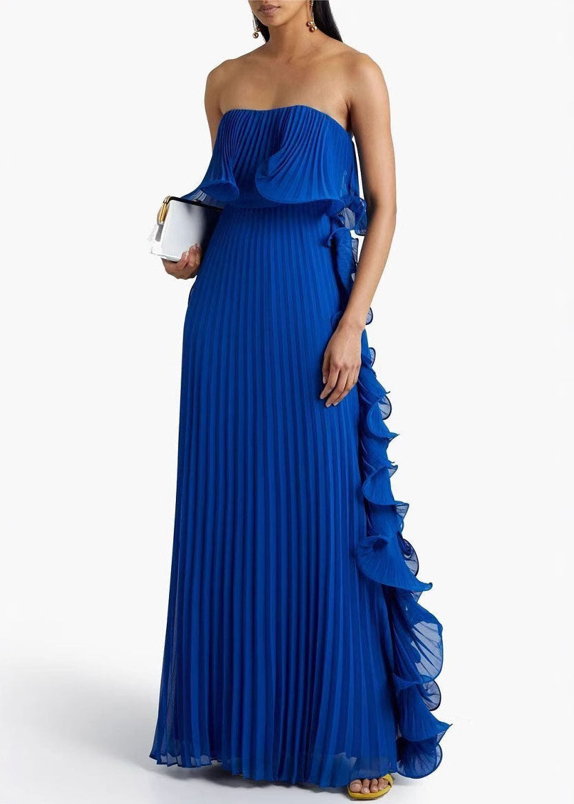 Style Green Ruffled Wrinkled Patchwork Chiffon Strapless Long Dress - View 4