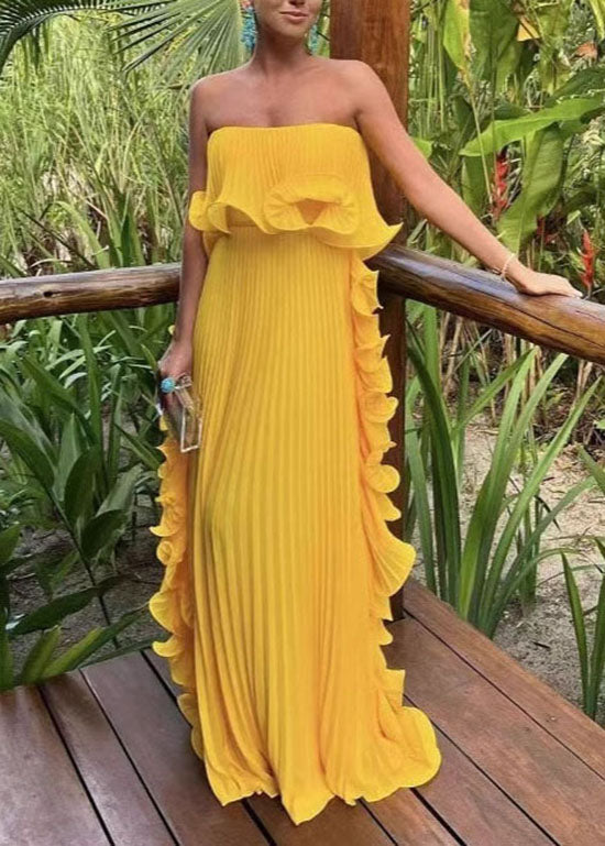 Style Green Ruffled Wrinkled Patchwork Chiffon Strapless Long Dress - View 5