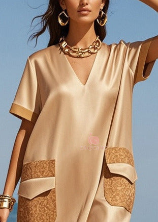 Contrast Trim Deep V-Neck Short Sleeve Patch Pocket Shift Midi Dress - View 2