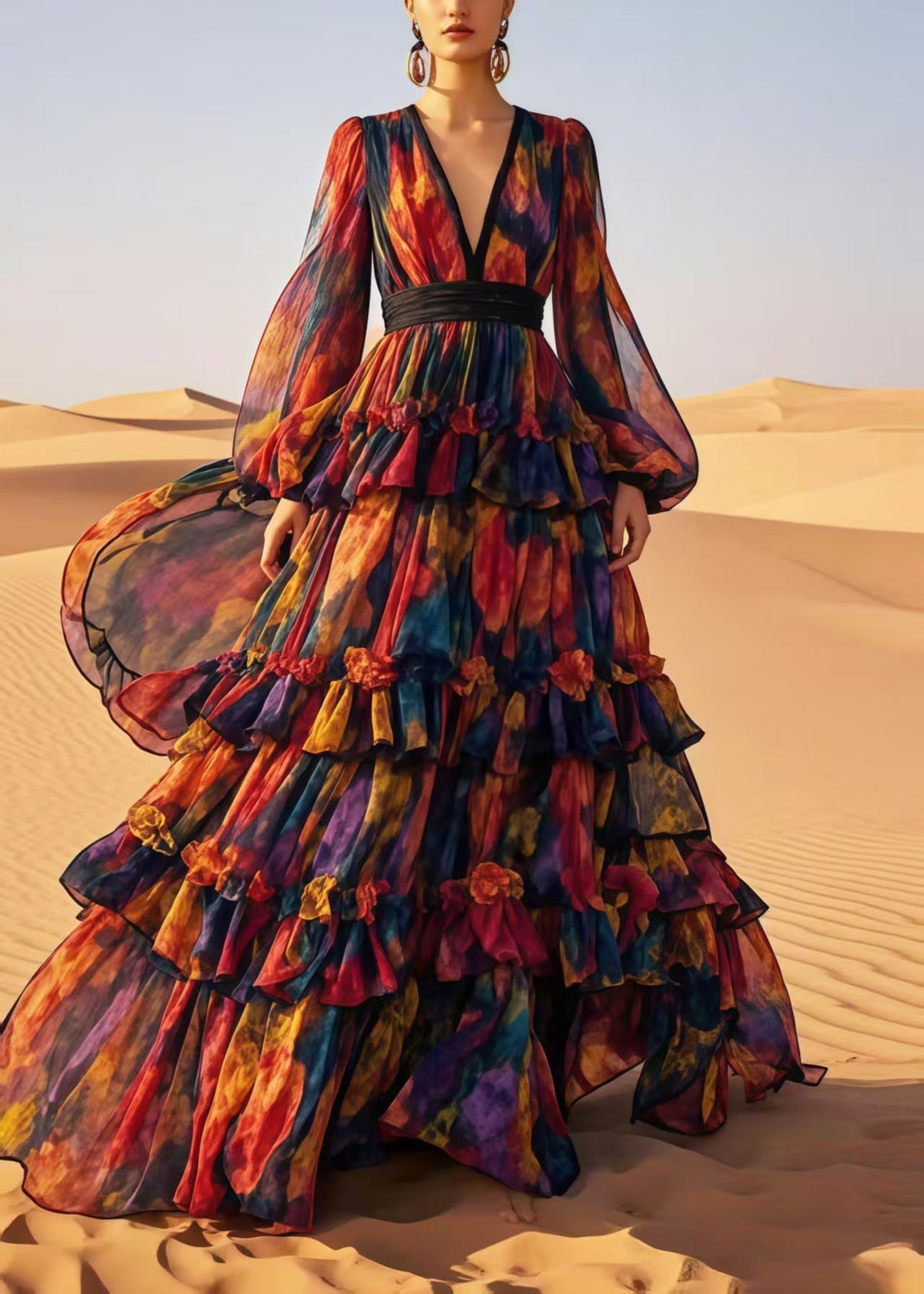 Chiffon Deep V-Neck Bishop Sleeve Pleated Waist Tiered Maxi Gown - View 5