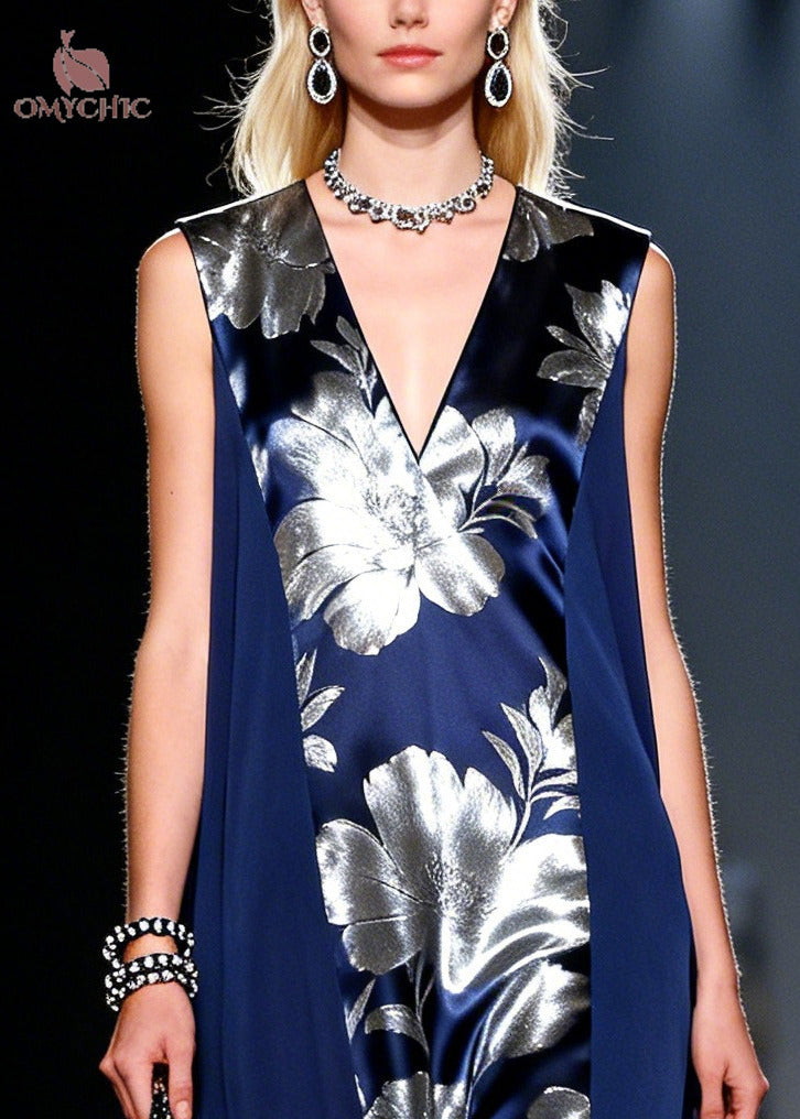 Deep V-Neck Sleeveless Floral Satin Draped Chiffon Maxi Dress - View 2