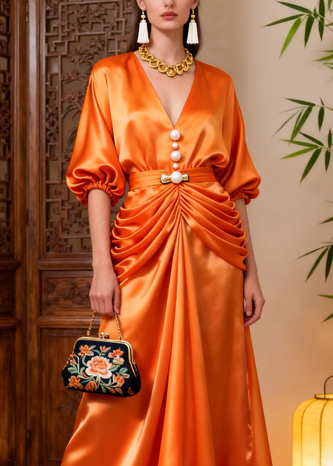 Satin Pearl Button Deep V-Neck Puff Sleeve Belted Ruched High Low Gown - View 2
