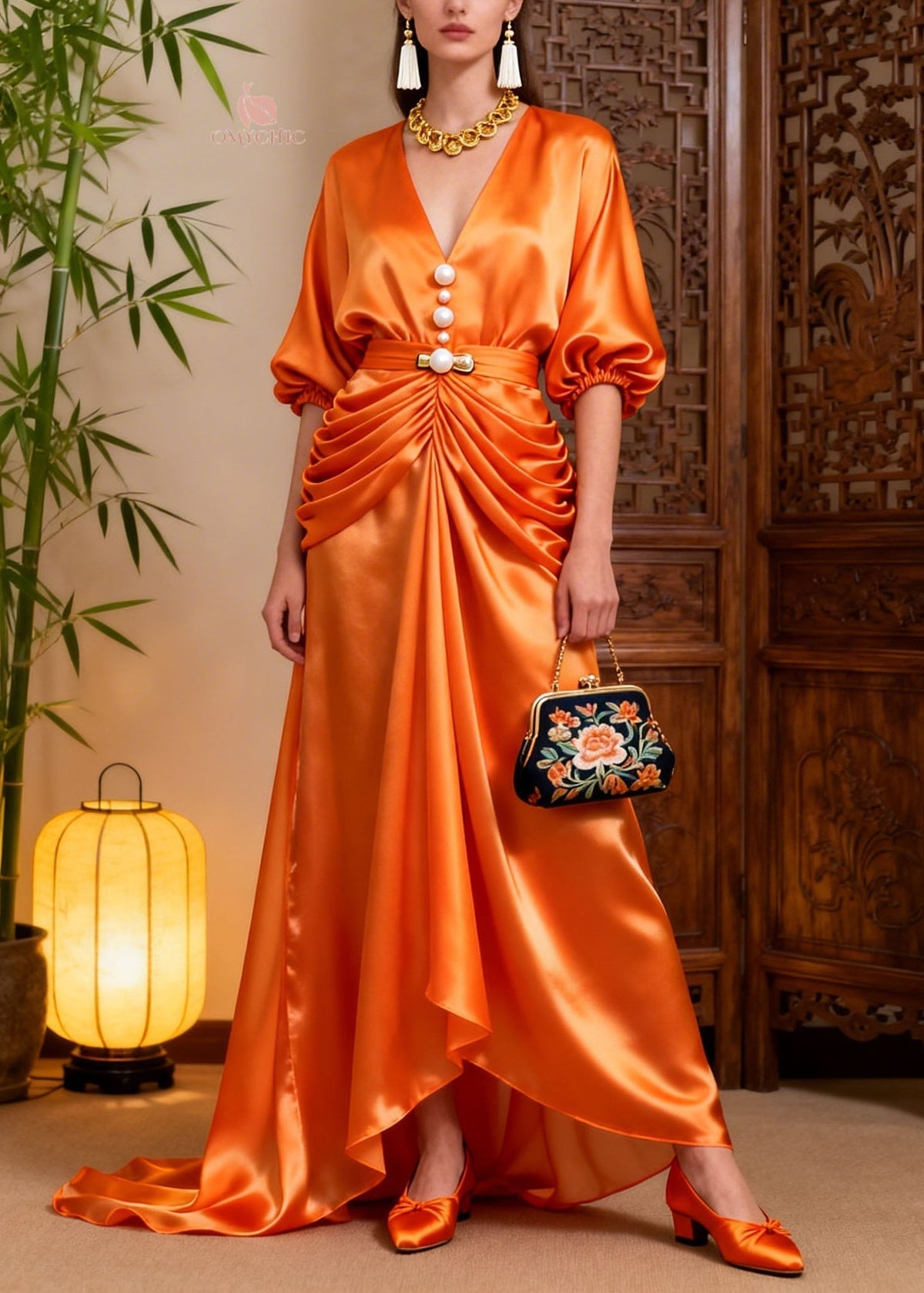 Satin Pearl Button Deep V-Neck Puff Sleeve Belted Ruched High Low Gown - View 3