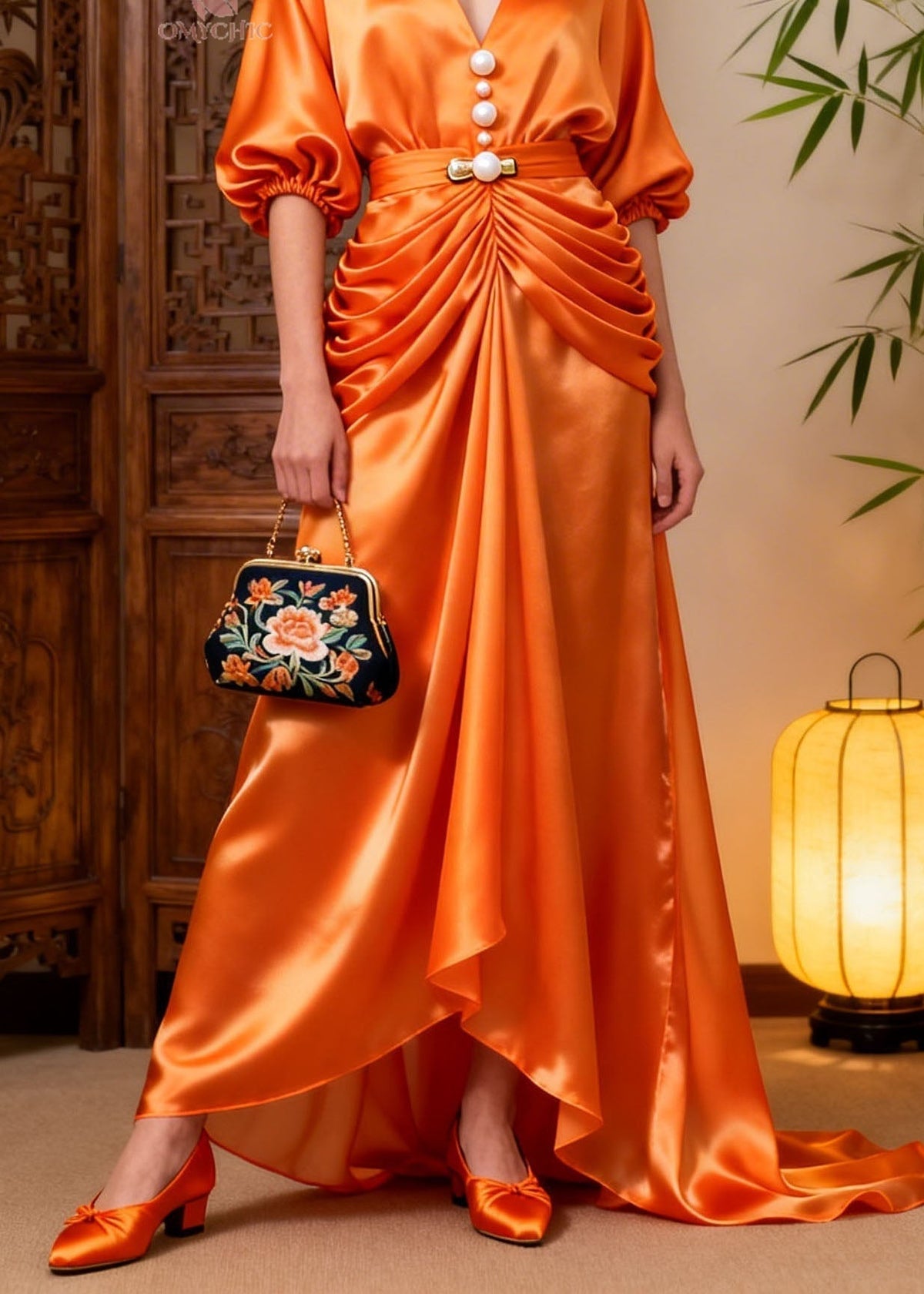 Satin Pearl Button Deep V-Neck Puff Sleeve Belted Ruched High Low Gown - View 4