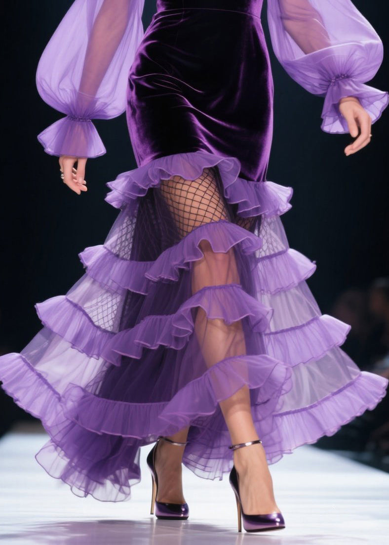 Style Purple Layered Ruffled Patchwork Silk Velvet Party Dresses Spring - View 4