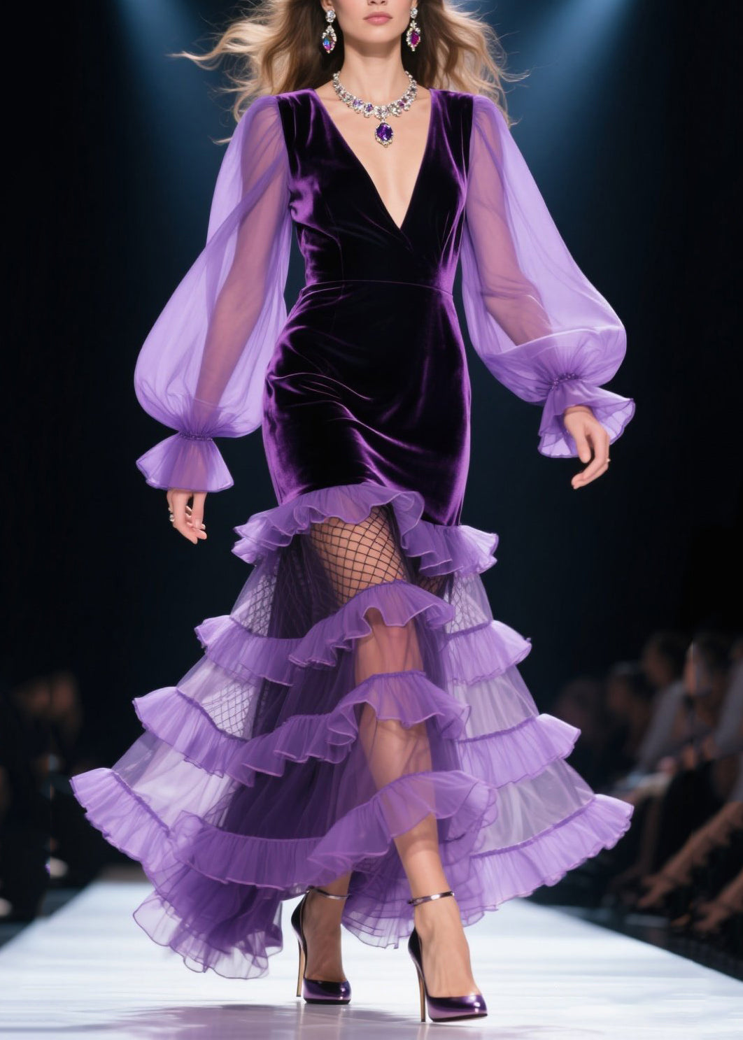 Style Purple Layered Ruffled Patchwork Silk Velvet Party Dresses Spring - View 5