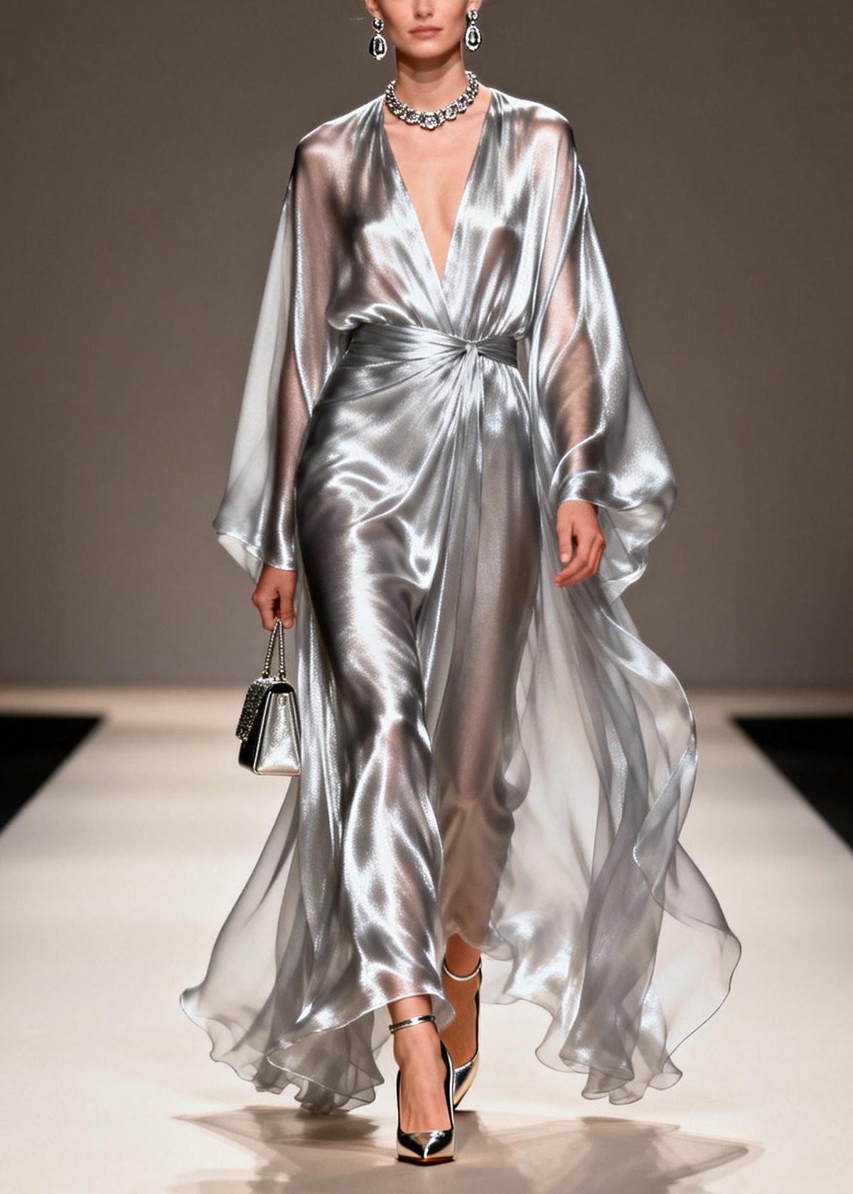 Metallic Deep V-Neck Lantern Sleeve Knot Waist Draped Maxi Gown