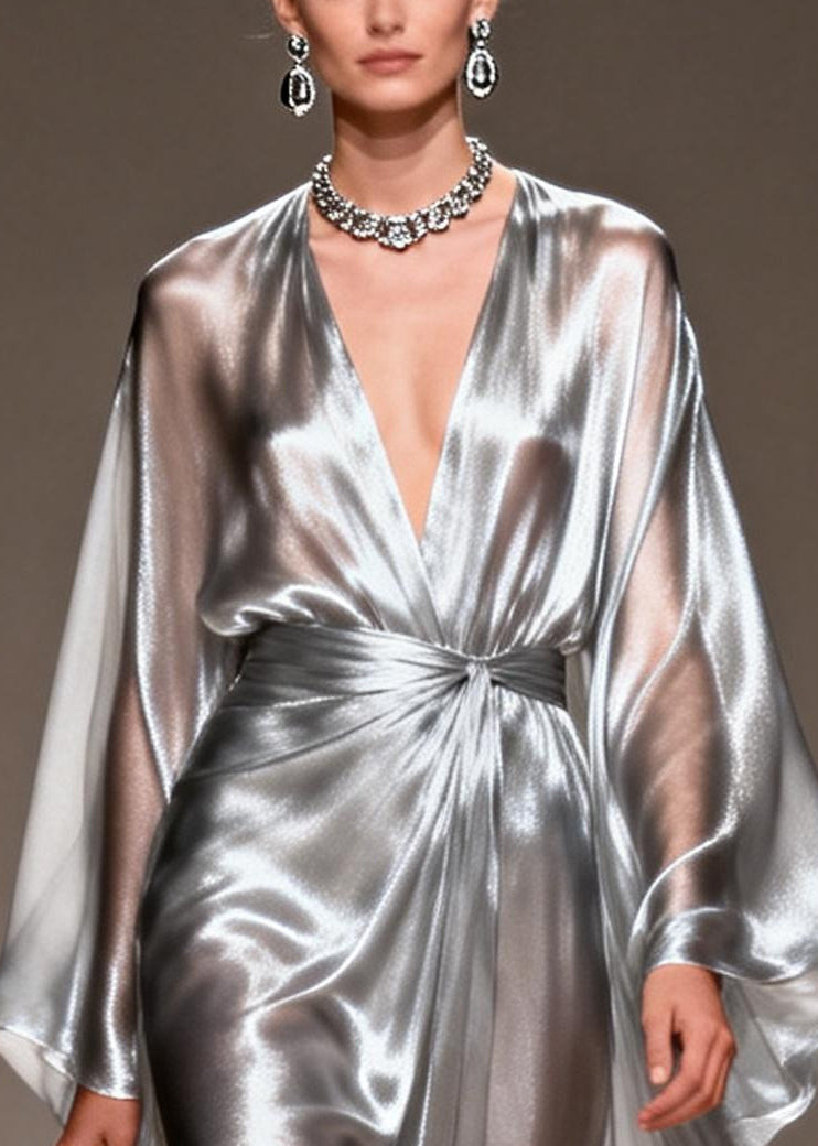 Metallic Deep V-Neck Lantern Sleeve Knot Waist Draped Maxi Gown - View 2