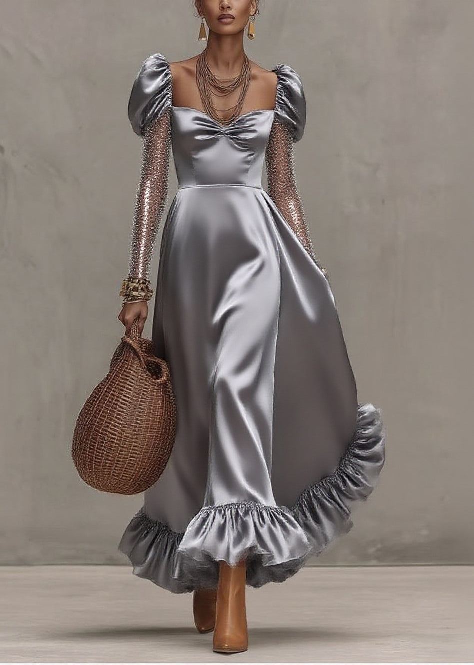 Style Silvery Puff Sleeve Patchwork Tulle Exra Large Hem Party Dress