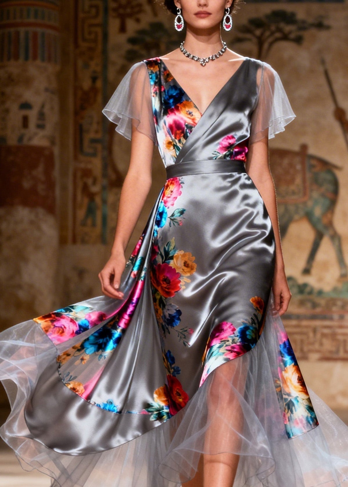 Floral Print V-Neck Flutter Sleeve Wrap Satin Tiered Midi Dress - View 2