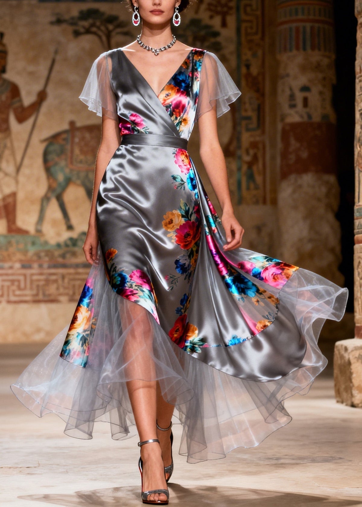 Floral Print V-Neck Flutter Sleeve Wrap Satin Tiered Midi Dress - View 3