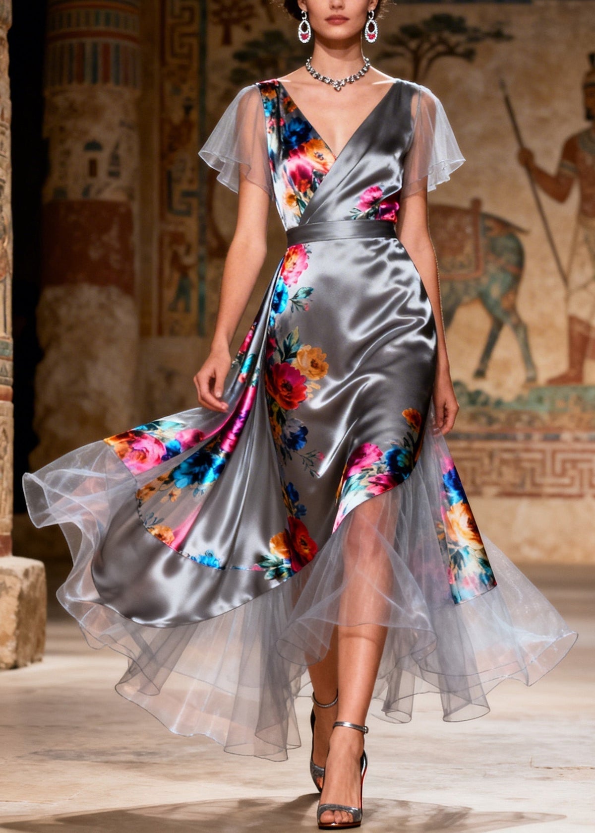 Floral Print V-Neck Flutter Sleeve Wrap Satin Tiered Midi Dress - View 5
