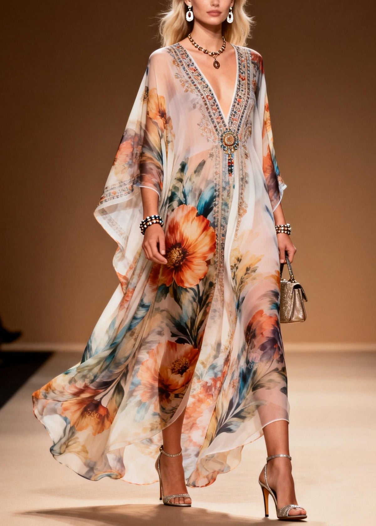 Beaded Floral Embroidery Deep V-Neck Sleeve Chiffon Maxi Dress