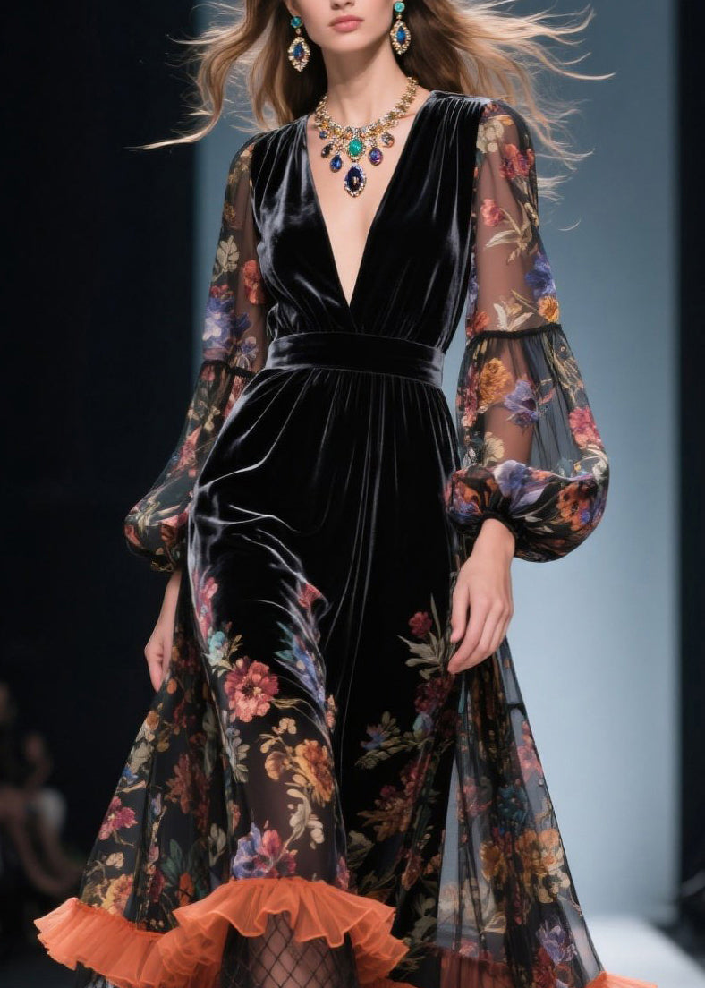 Style V Neck Ruffled Print Patchwork Velvet Dresses Fall - View 2