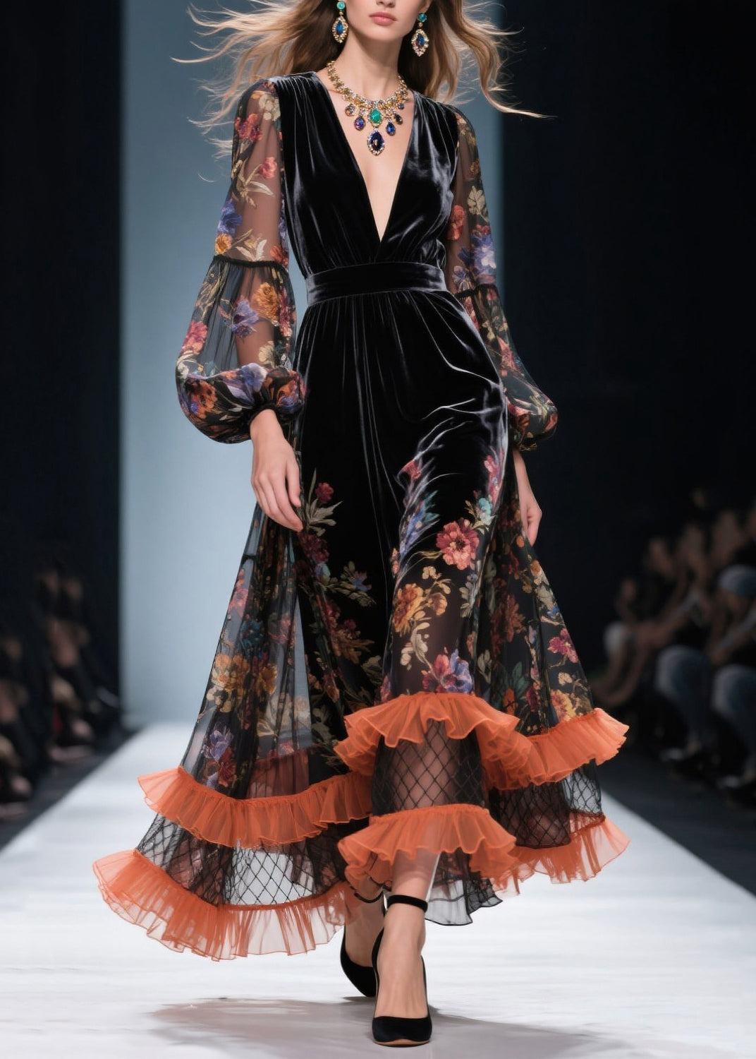 Style V Neck Ruffled Print Patchwork Velvet Dresses Fall - View 3