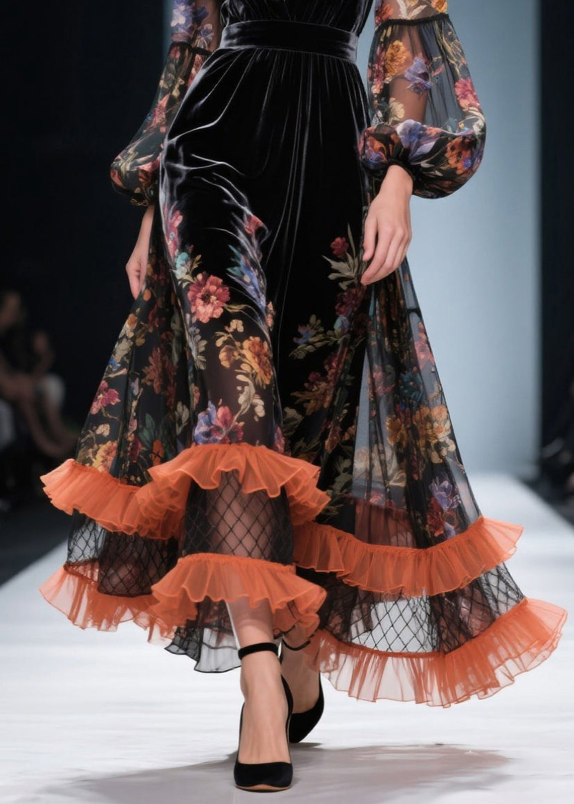 Style V Neck Ruffled Print Patchwork Velvet Dresses Fall - View 4