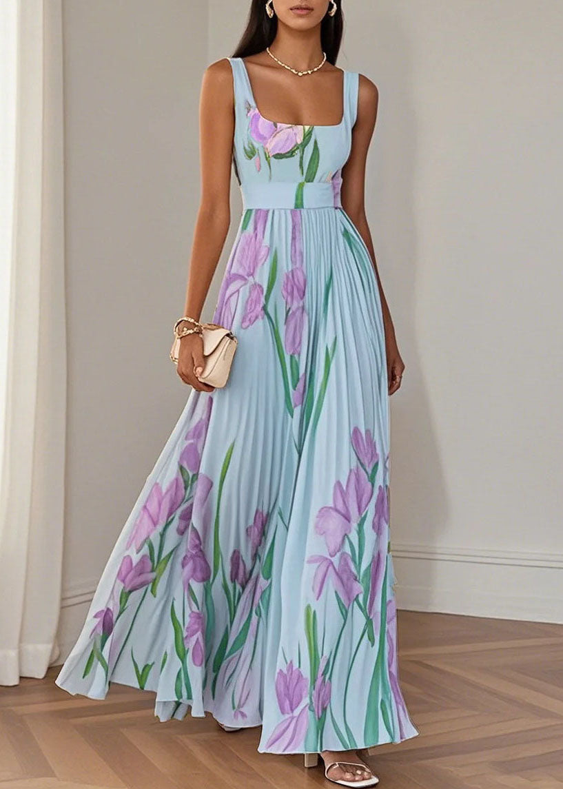 Floral Print Square Neck Sleeveless Belted Pleated Maxi Dress - View 2