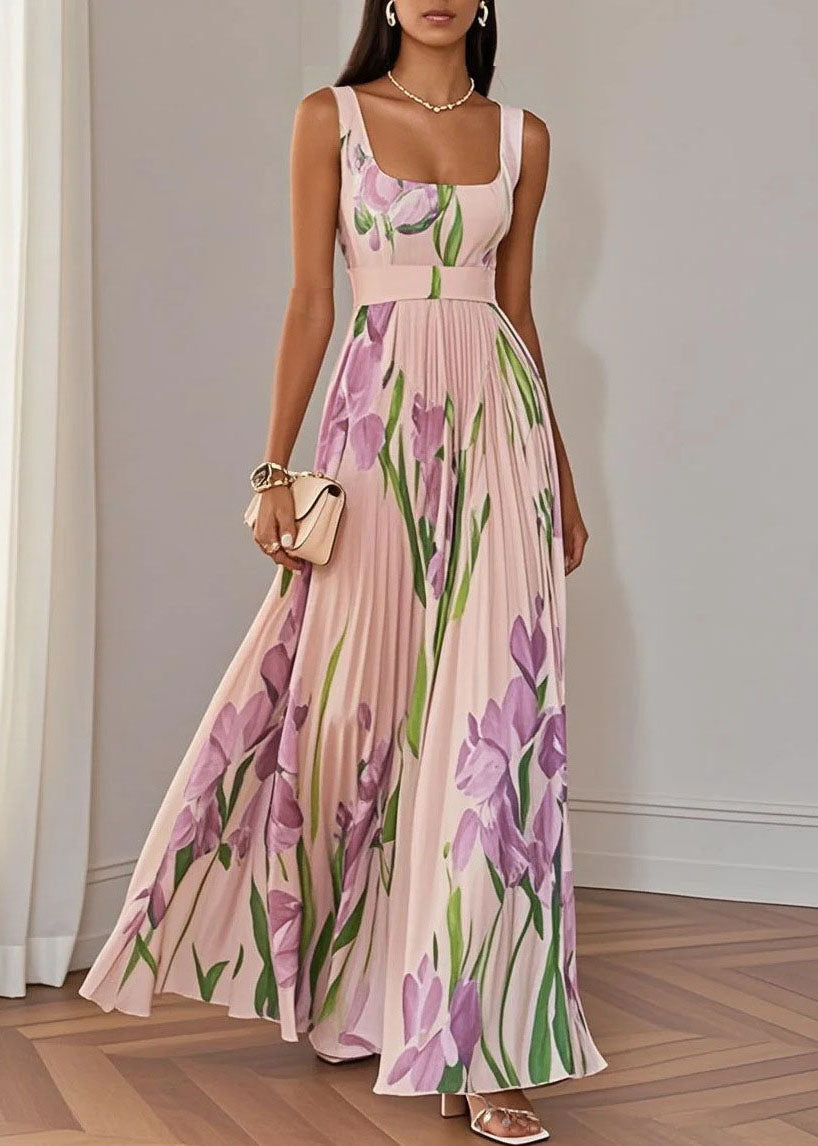 Floral Print Square Neck Sleeveless Belted Pleated Maxi Dress - View 3