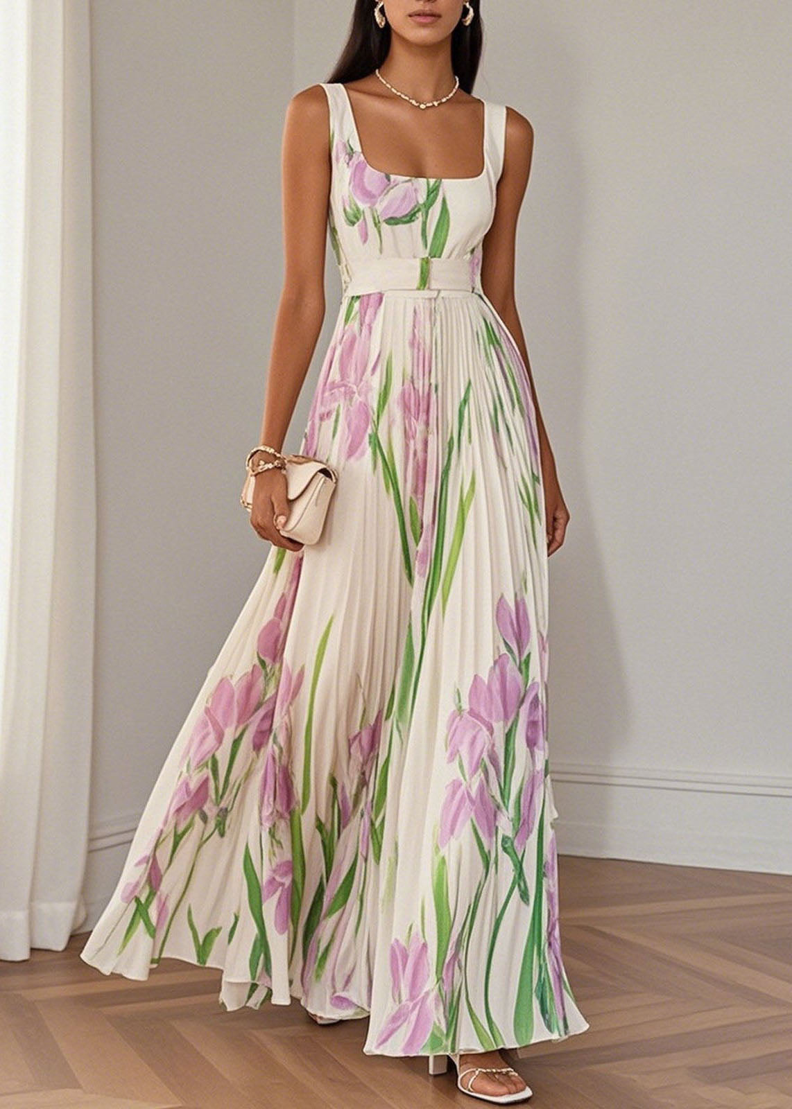 Floral Print Square Neck Sleeveless Belted Pleated Maxi Dress - View 4