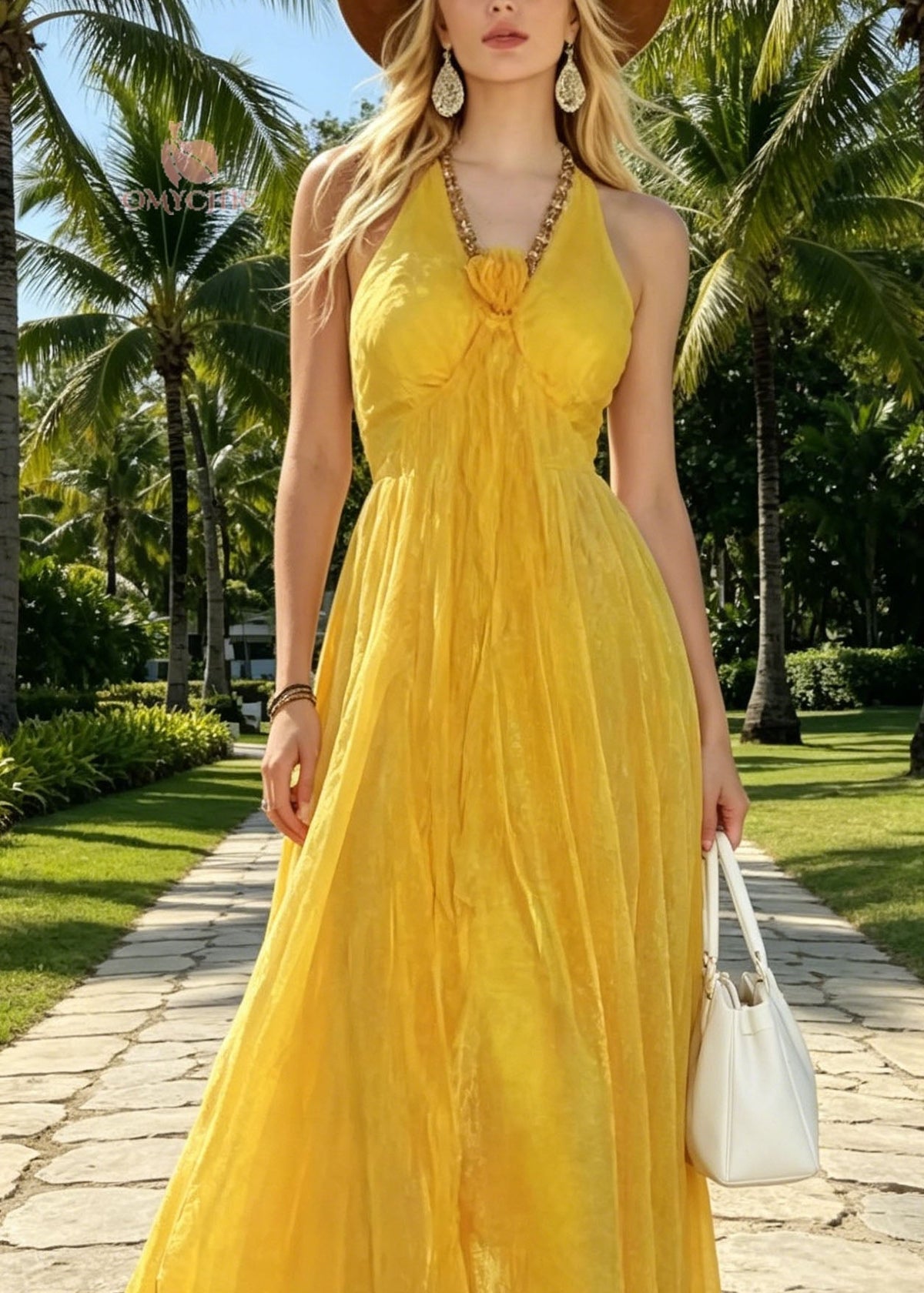 Style Yellow Halter Backless Patchwork Tulle Maxi Dresses Summer - View 2
