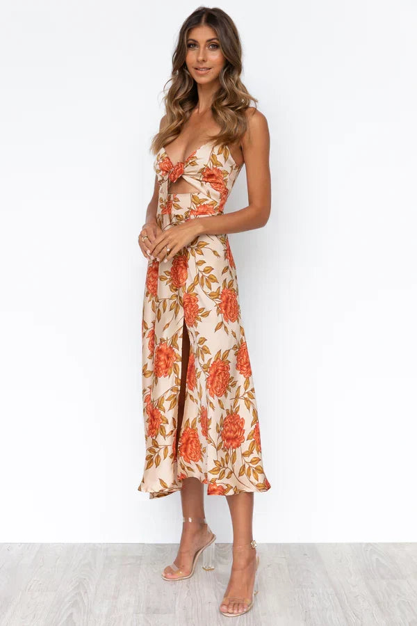Floral Spaghetti Strap Deep V-Neck Tie Front Cut Out Midi Dress - View 5