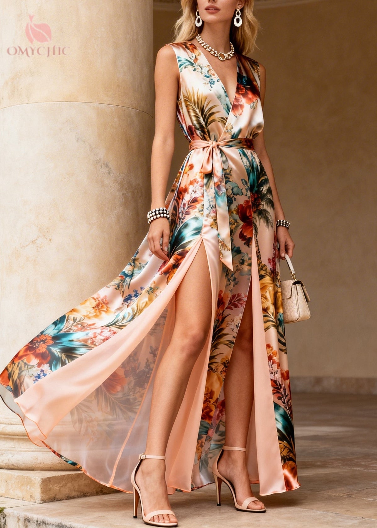Satin Tropical Print Wrap V-Neck Tie Belt Dual Maxi Dress - View 3