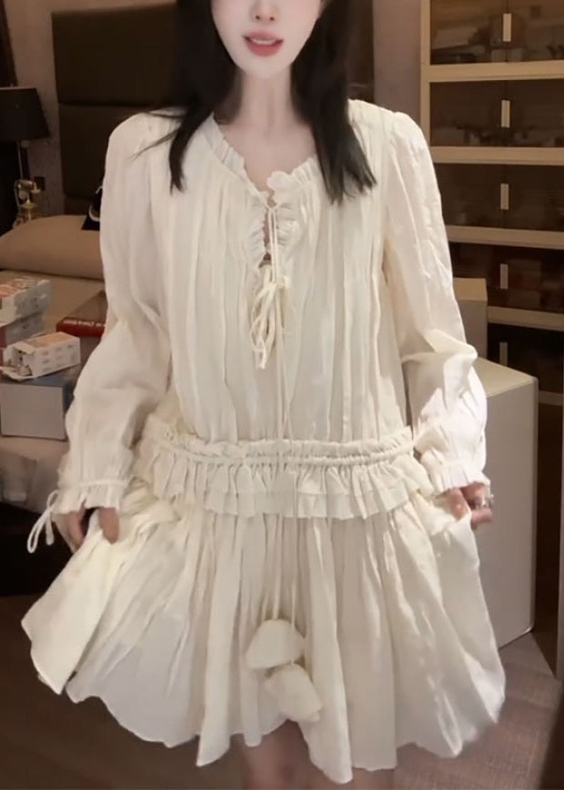 Stylish Apricot Ruffled Lace Up Solid Chiffon Mini Dress Fall - View 2