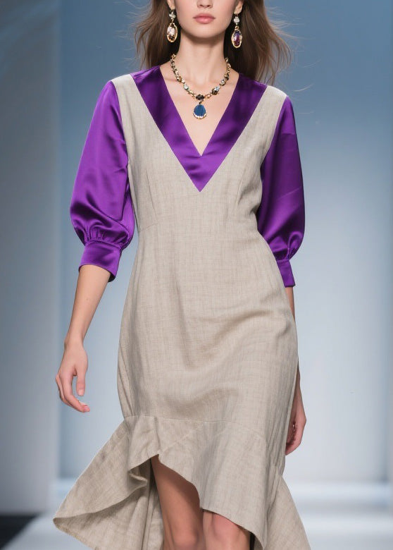 Deep V-Neck Layered Puff Sleeve Satin Trim High Low Ruffle Midi Dress - View 2