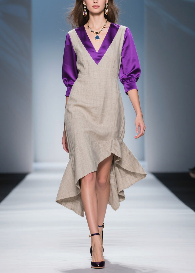 Deep V-Neck Layered Puff Sleeve Satin Trim High Low Ruffle Midi Dress - View 3